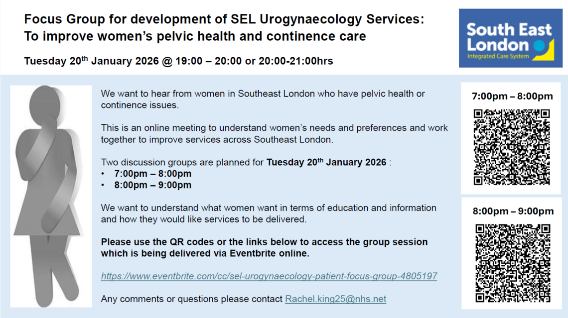 Poster with image of cartoon woman crossing legs, next to event text (text on webpage)