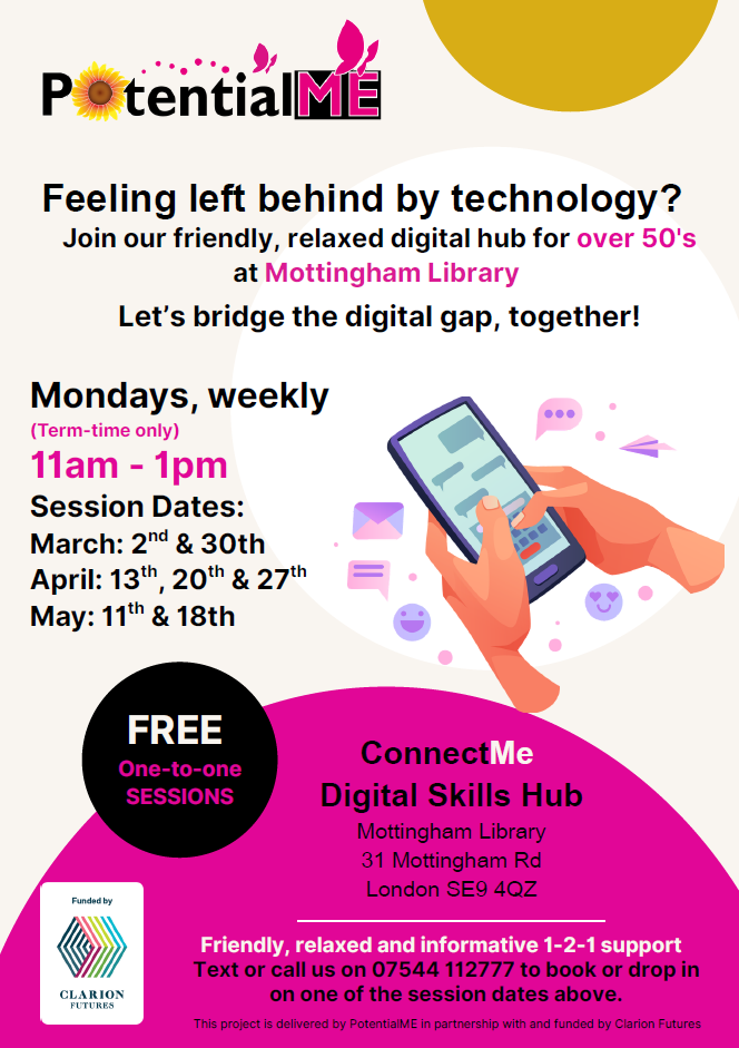 Flyer with cartoon image of hands holding smartphone, with event text below and above. Event text is on webpage