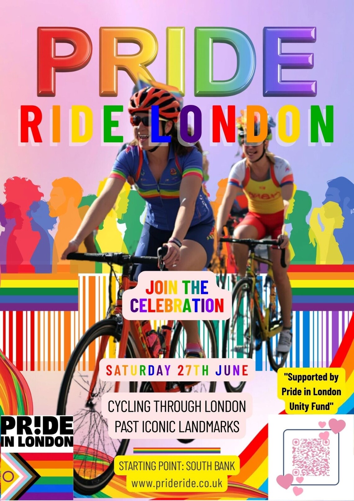 People riding bicycles wearing rainbow colours underneath title 'Pride Ride London'. QR code in bottom left of image. Event information on webpage