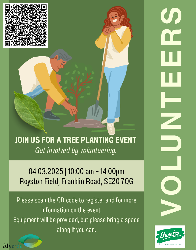 Image of cartoon people planting tree and holding spade. Above text with date, time and address (as on webpage)
