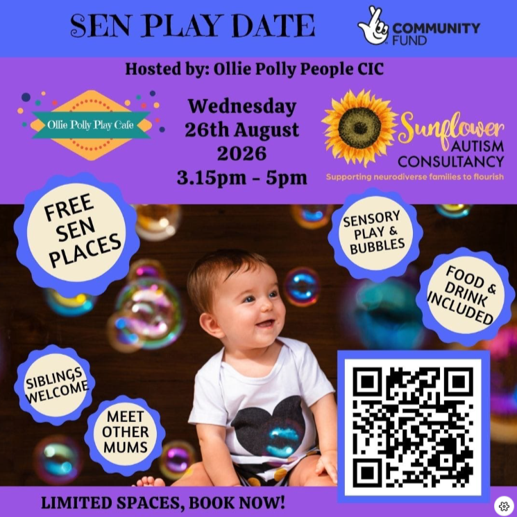 Baby smiling surrounded by bubbles with event information. Event information on webpage