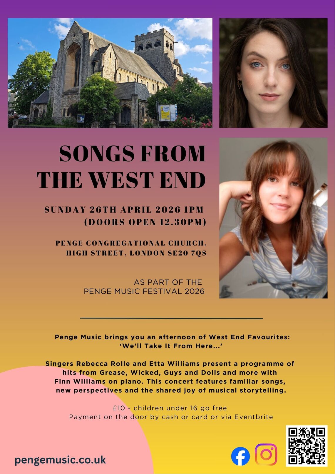 Pink and yellow poster with photos of singers Rebecca Rolle and Etta Williams, surrounding event text. Event text on webpage