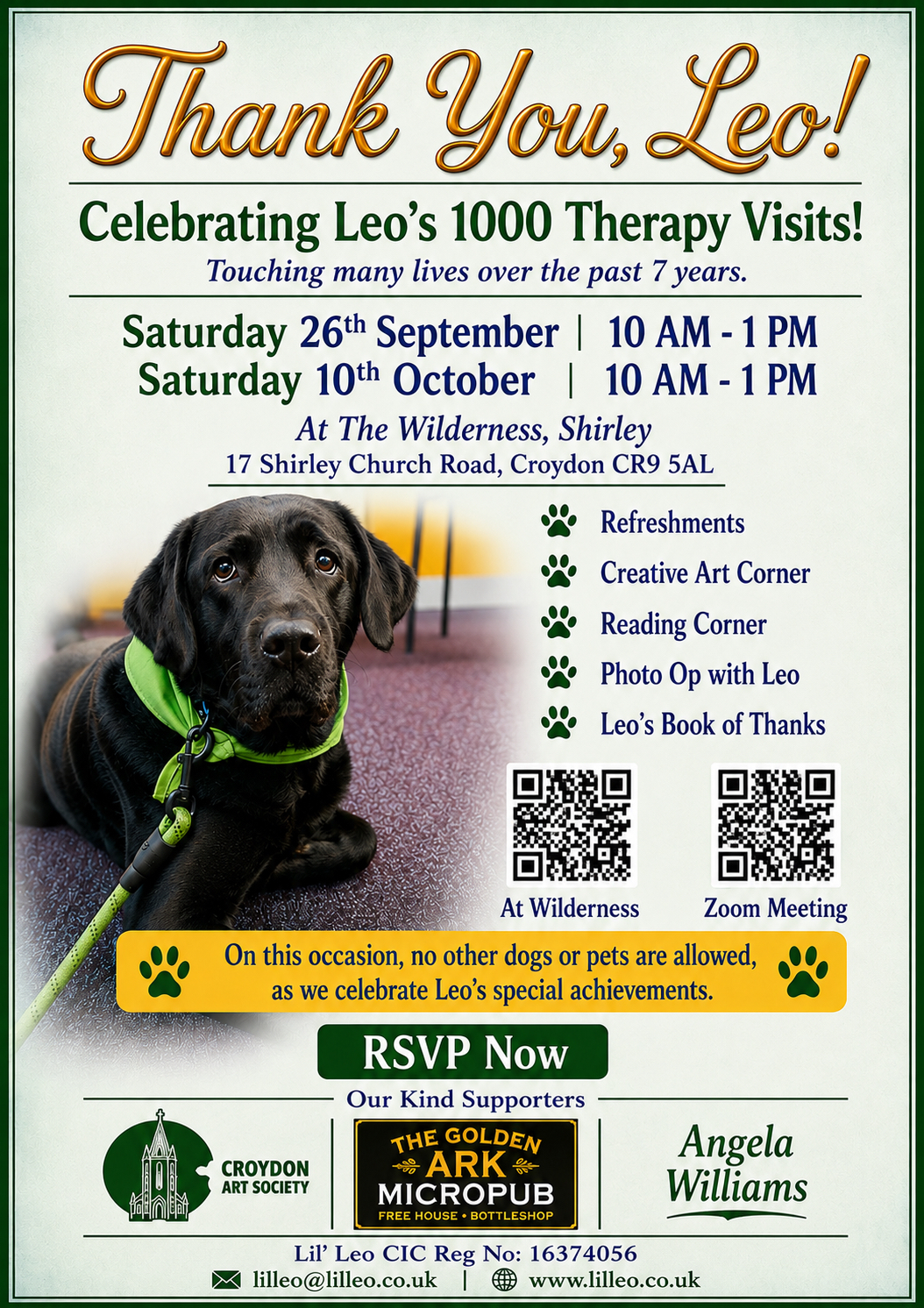 Black dog 'Leo' pictured to the left of event information. Event information on webpage