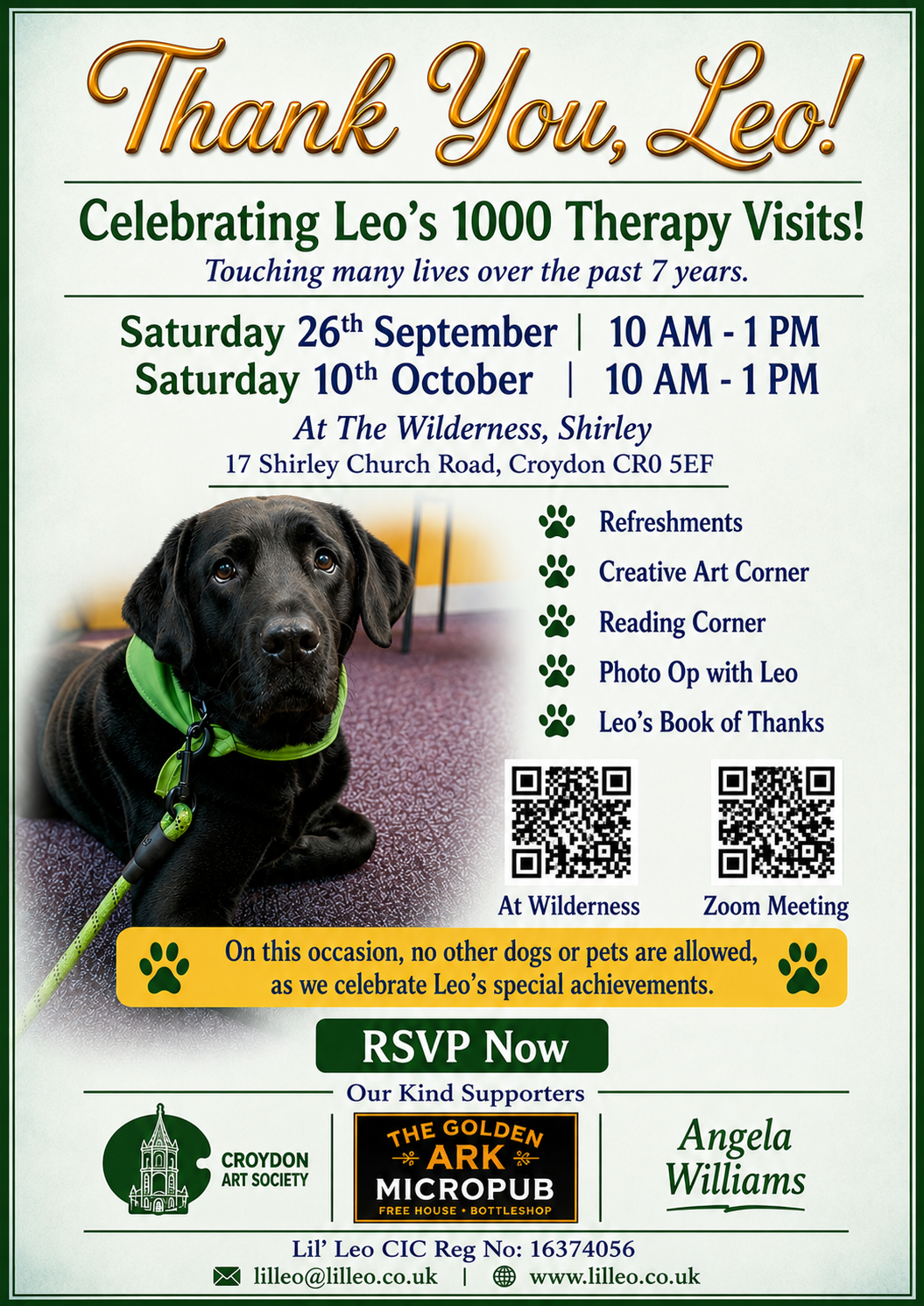 Image of therapy dog Leo surrounded by event text. Event text on webpage