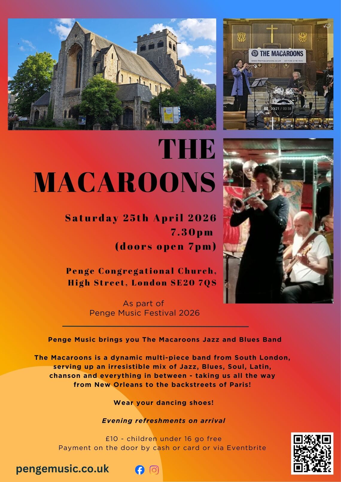 Pink and orange poster with photos of Penge Congregational Church and The Macaroons band, surrounding event text. Event text on webpage