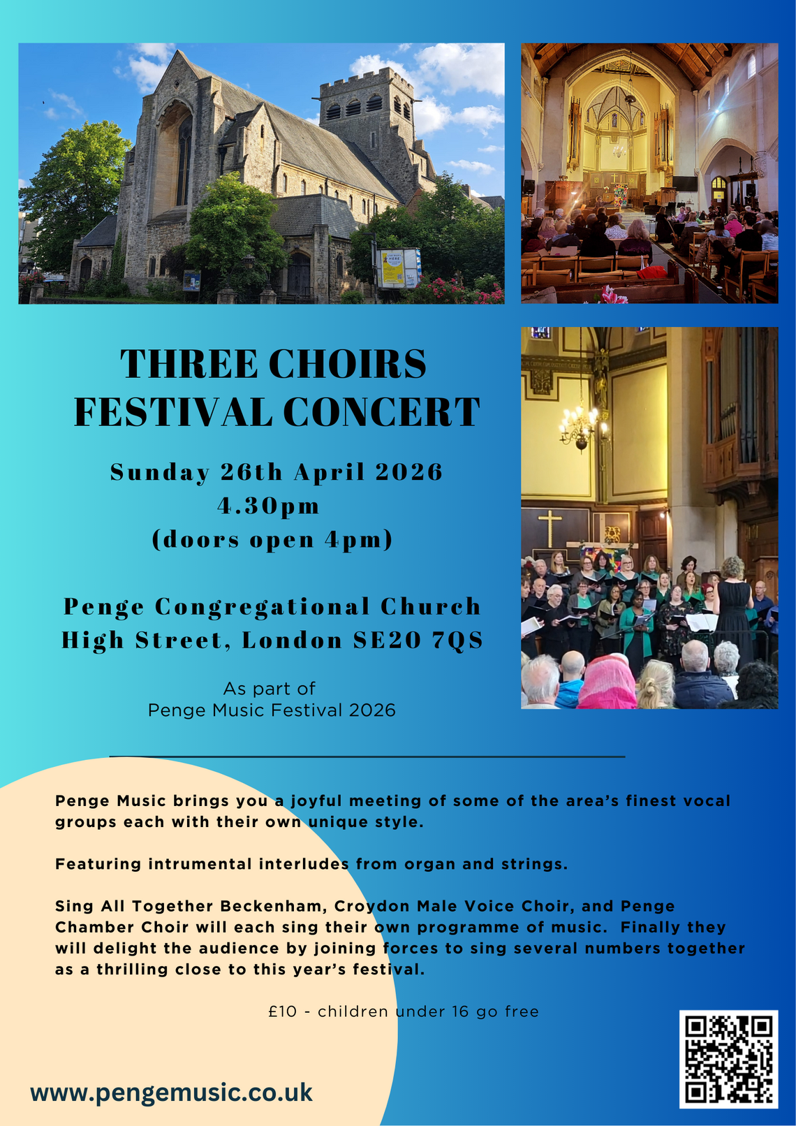 Blue poster with photos of Penge Congregational Church and choir singing, surrounding event text. Event text on webpage