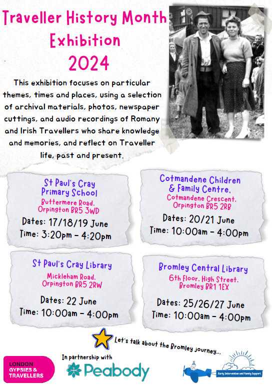 Image of flyer with black and white photo of man and woman, beside text on webpage
