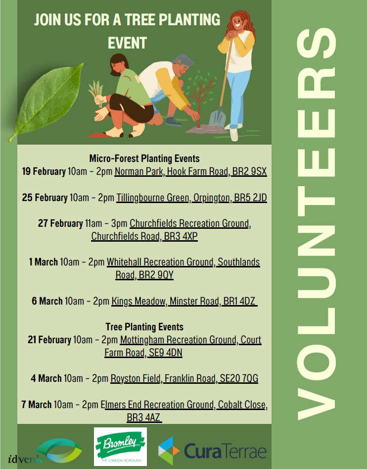 Cartoon people kneeling/standing and planting trees. Text below (dates of events - on webpage)