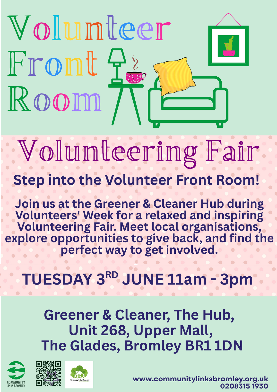 Sofa next to lamp on table beside words 'Volunteer Front Room'. Other image text is on webpage