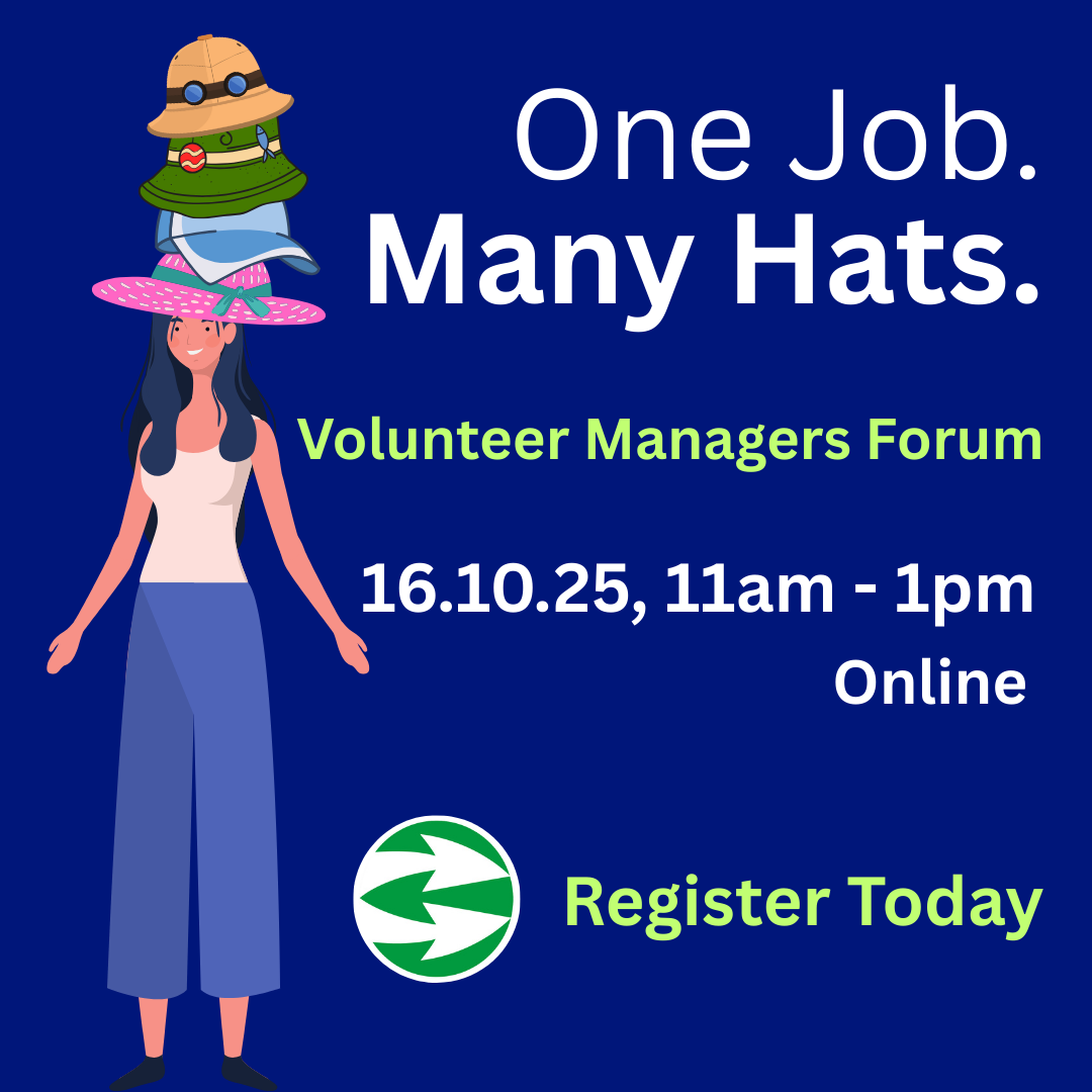 Cartoon image of lady wearing several hats, next to words 'One job, many hats' Above event title, date, time, and location (as on webpage)