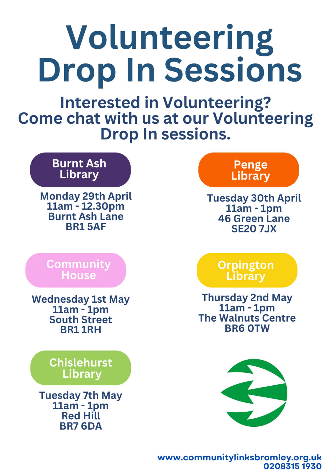 Volunteering Drop In Sessions Spring '24 flyer (image text on page)