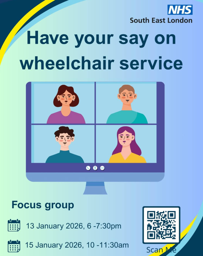 Cartoon images of people on screen in four boxes, below words 'Have your say on wheelchair service' with focus group dates below. Event information is on webpage