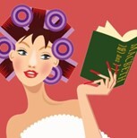 Image of woman with rollers in her hair holding book