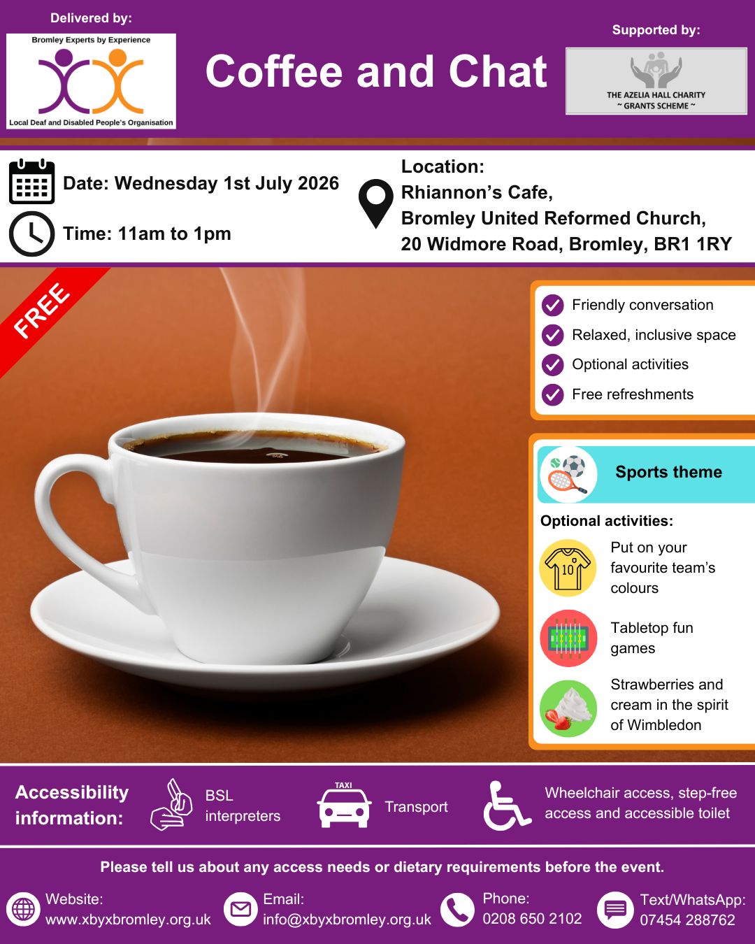 Cup of tea surrounded by event information as on webpage