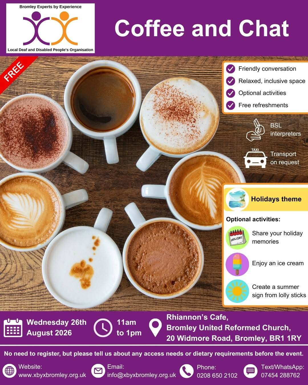 Mugs of tea and coffee in circle on table, surrounded by event information. Event information on webpage