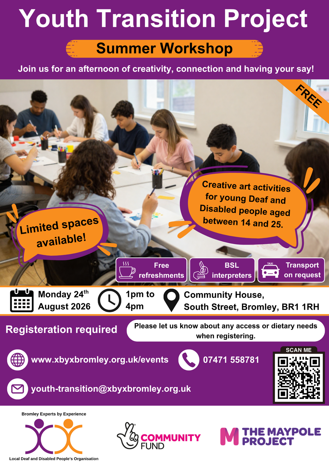Flyer displaying young people sitting at table painting, surrounded by event information. Event information on webpage