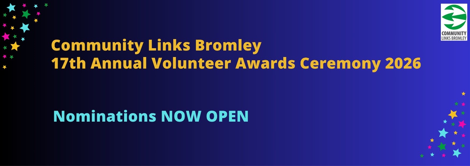 Purple banner with words 'Community Links Bromley, 17th Annual Volunteer Awards Ceremony 2026, Nominations Now Open'