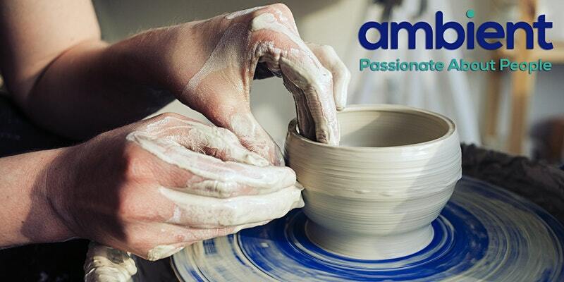 Image of hands sculpting pottery with Ambient support logo