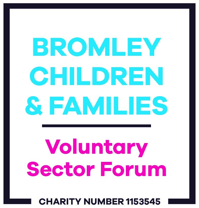 Black border surrounding pink and blue text &#39;Bromley Children &amp; Families Voluntary Sector Forum&#39; above &#39;Charity number 1153545&#39;