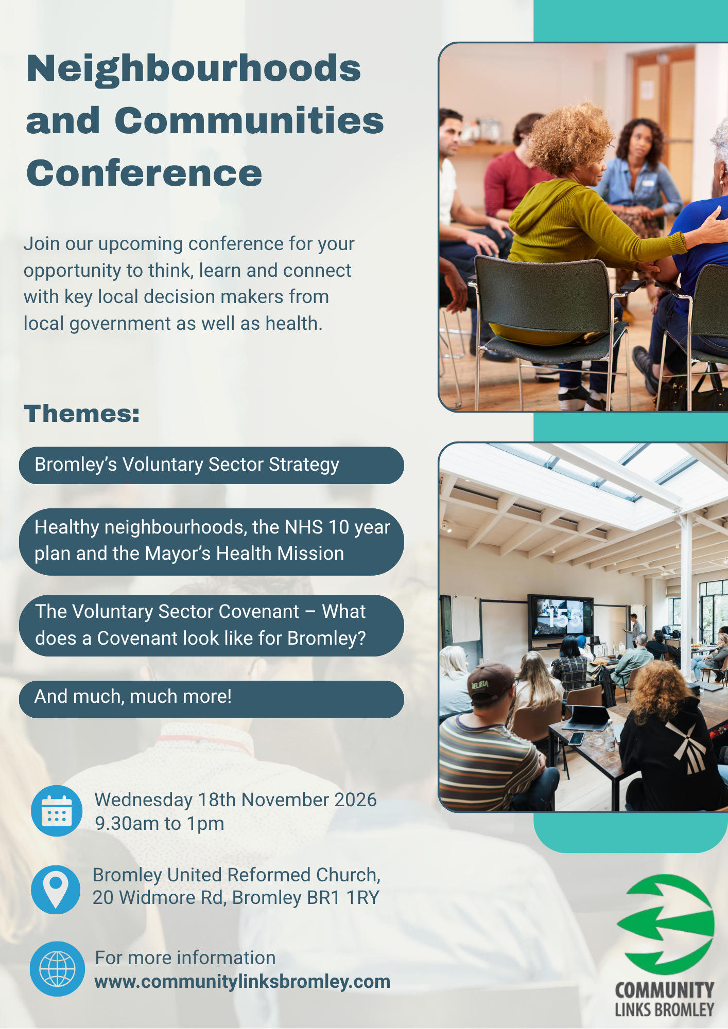 Image of people sitting down talking to each other above image of people sitting down in room looking at screen. Event information next toimages (event information on webpage)