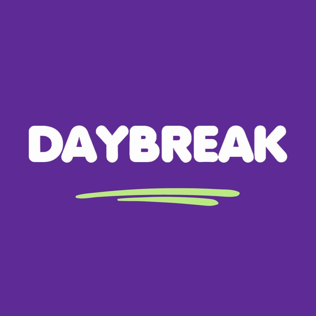 Word &#39;Daybreak&#39; in white letters on purple background