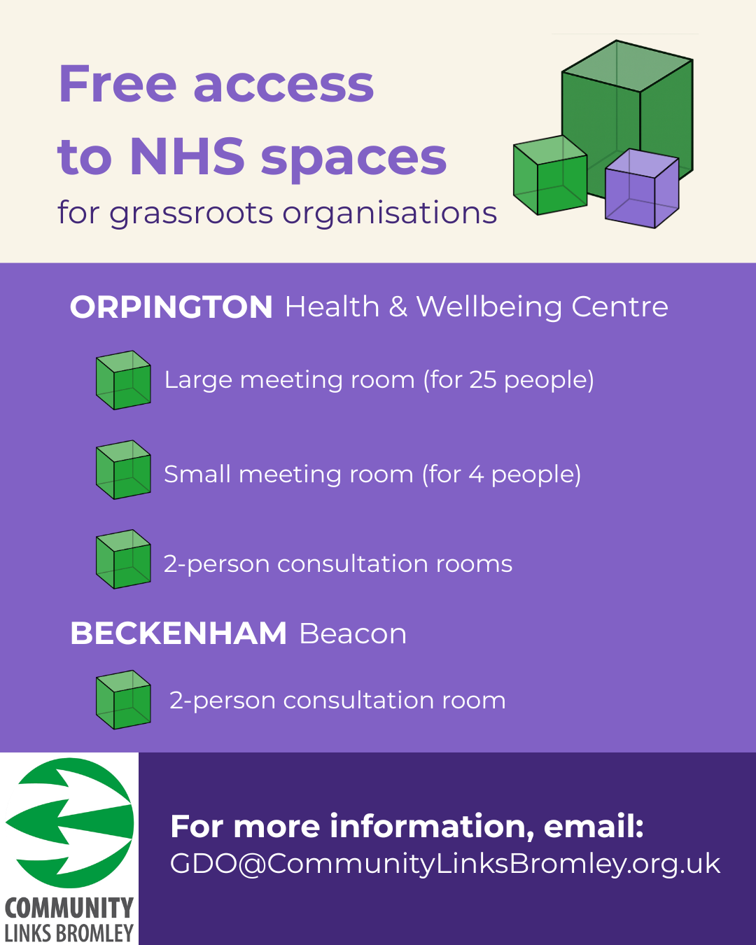 Flyer with title 'Free Access to NHS spaces for grassroots organisations' above listed spaces at Orpington Health & Wellbeing Centre and Beckenham Beacon. For more information, email GDO@communitylinksbromley.org.uk