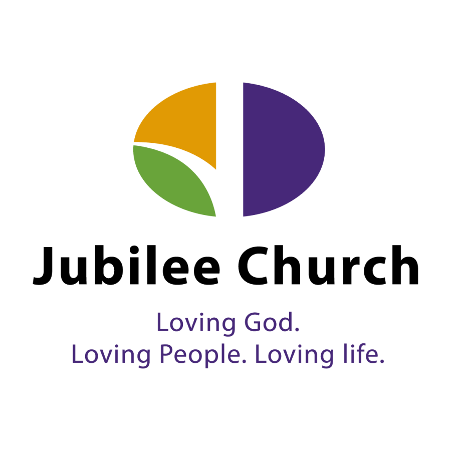 Colourful shapes surrounded by words 'Jubilee Church. Loving God. Loving people. Loving life'