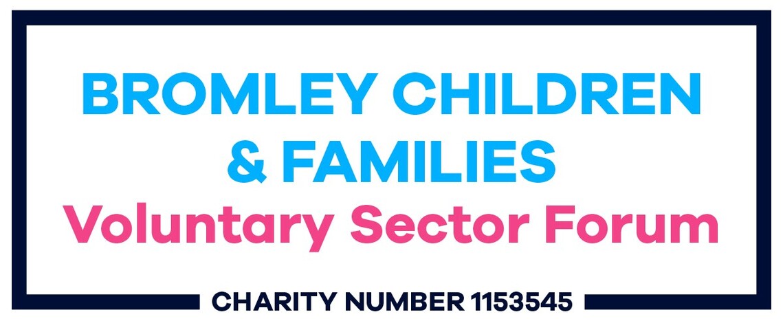 Black border surrounding pink and blue text &#39;Bromley Children &amp; Families Voluntary Sector Forum&#39; above &#39;Charity number 1153545&#39;