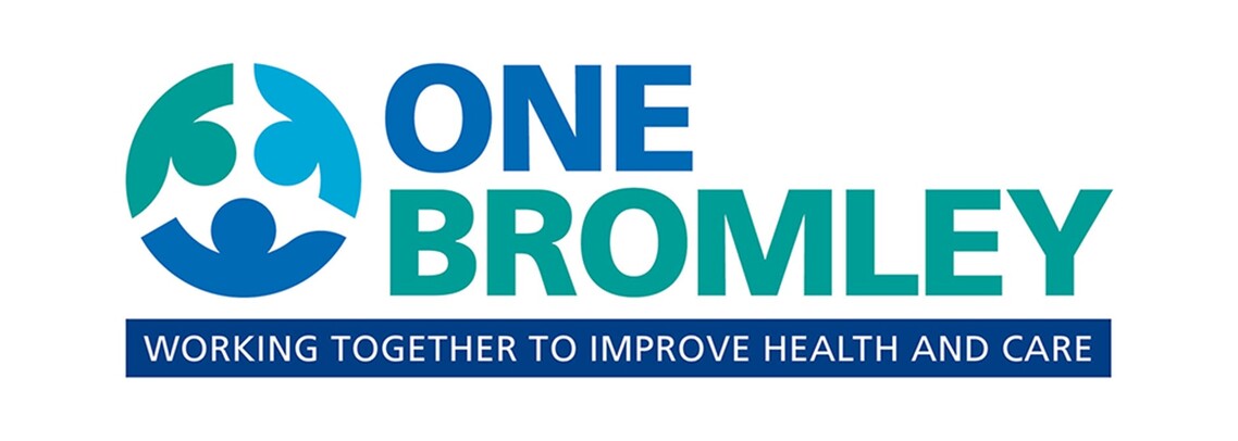 Image of circle made up by the heads and shoulders of three people, each in a different colour. Words &#39;One Bromley&#39; to the right, above strapline &#8216;Working together to improve health and care&#8217;