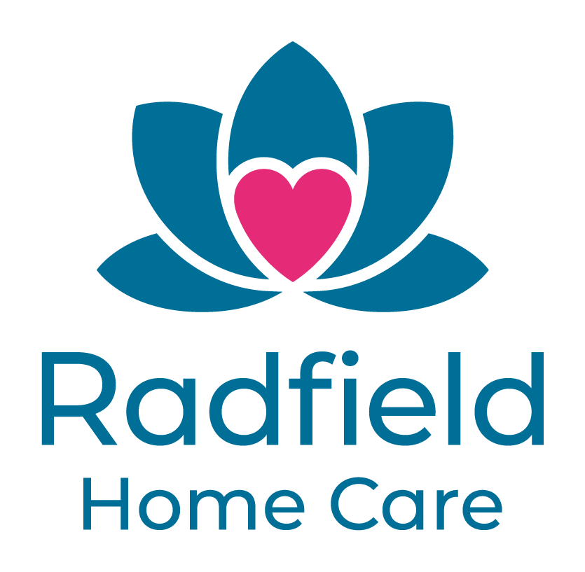 Blue and pink flower above words 'Radfield Home Care'