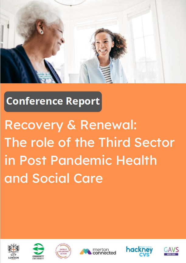 Image of front cover of Recovery and Renewal Conference report (two women smiling) and orange background with words Conference Report