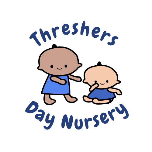 Cartoon images of children with words 'Threshers Day Nursery' surrounding them