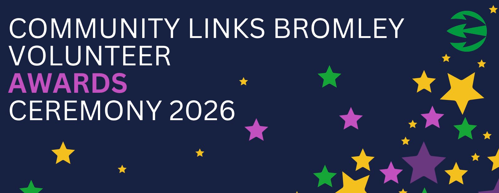Multicoloured stars on purple background with words 'Community Links Bromley Volunteer Awards Ceremony 2026'