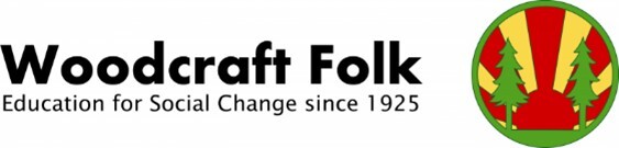 Image of trees in circle with red and yellow striped background to the right of words 'Woodcraft Folk, Education for Social Change since 1925'